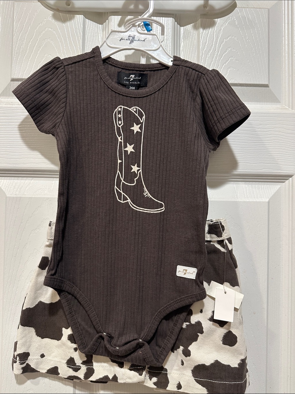 7 For All Mankind cow print onesie/skirt set with Cowboy Boot graphic